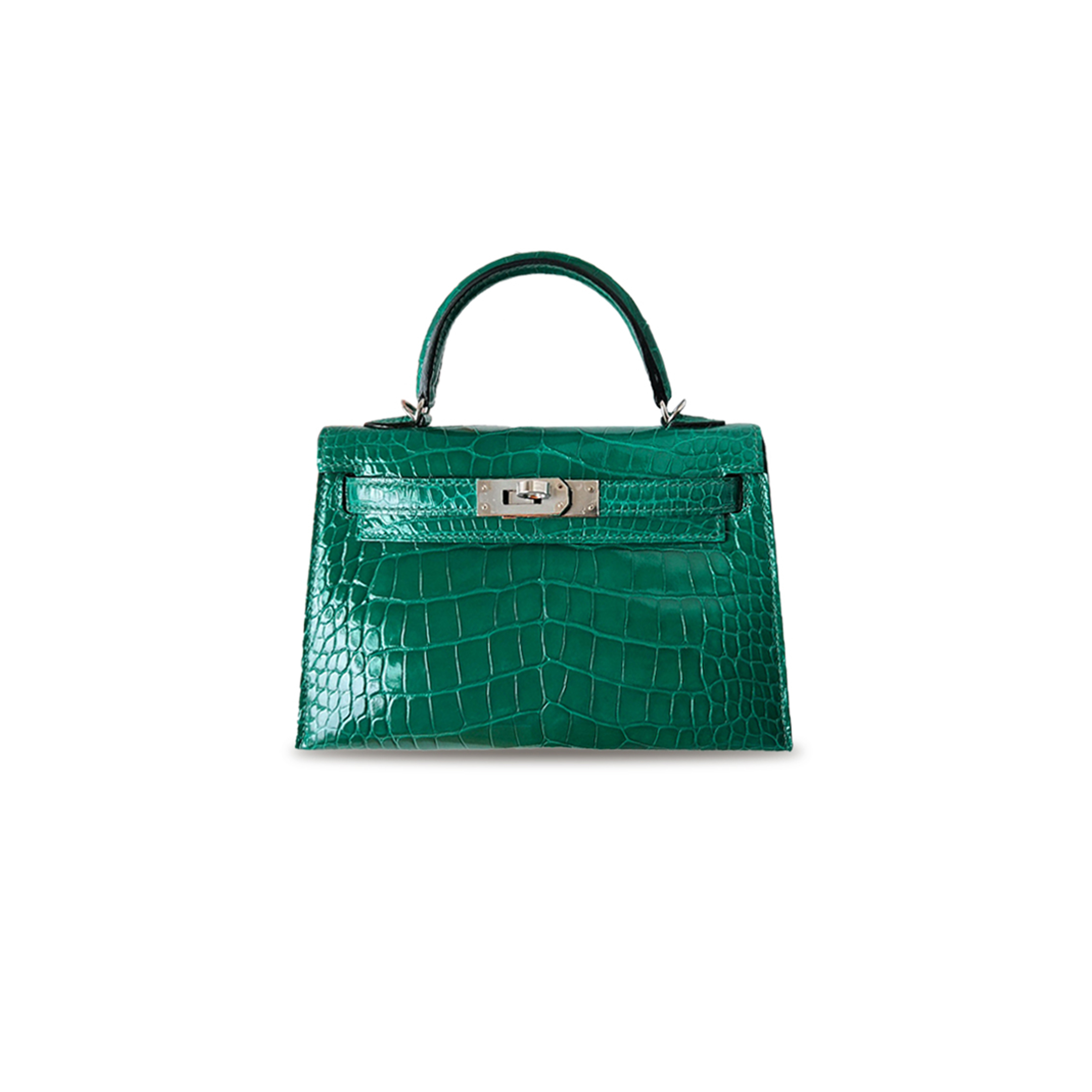 HERMÈS MASTER MINI KELLY II GLOSSY CROCODILE EMERALD GREEN SILVER BUCKLE (19*12*5.5cm) 
